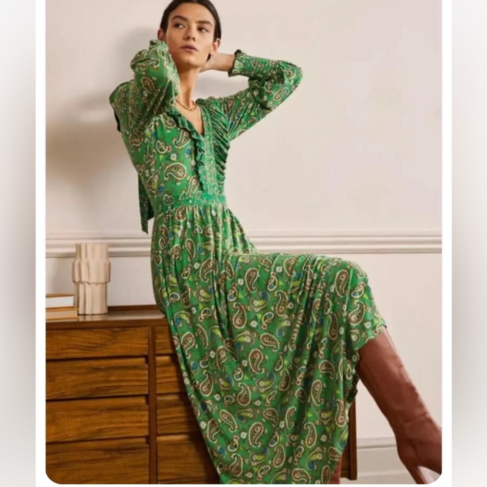 BODEN 14 large XL Gorgeous Green Paisley MAXI Dress Longsleeve - Picture 1 of 16
